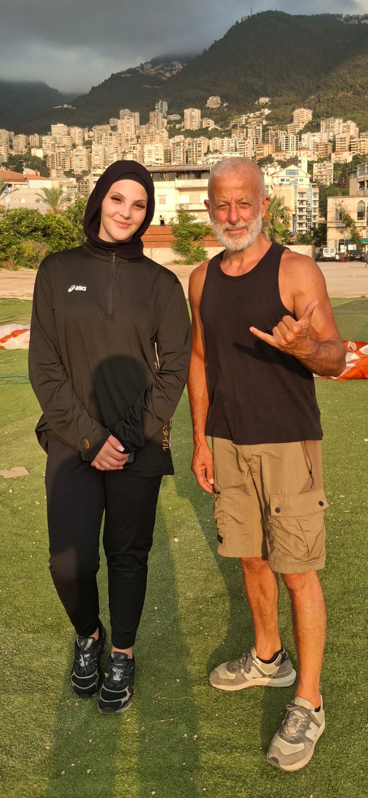 Passenger with pilot Farah Khoury at the Jounieh landing field